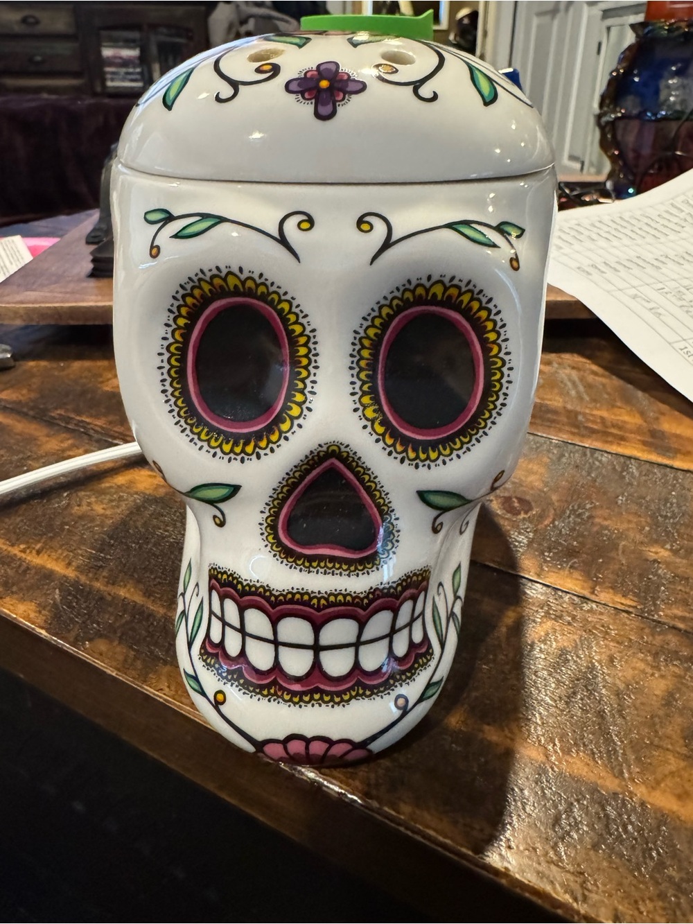 Scentsy White Sugar Skull Ceramic Jar with Pink, Yellow & Green Accents